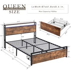 queen size bed frame with wooden headboard and foot board, measurements for each side