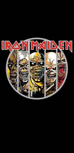 an iron maiden logo with four different faces and the words iron maiden in red on black