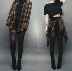 Grunge Style Outfits, Black Tights Outfit, Plaid Shirt Outfits, Converse Outfits, Goth Outfit, Peplum Tops, Black Clothes, Make Up Tutorial