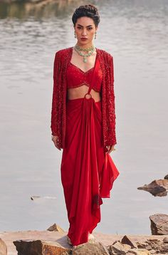 Nidhika Shekhar-Red Drape Sari And Blazer Set-INDIASPOPUP.COM Drape Sari, Western Saree, Indo Western Saree, Modern Blazer, Red Drapes, Choli Blouse, Drape Saree, Indian Wedding Wear, Blazer Set