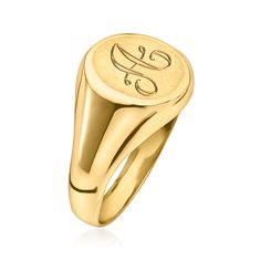 Ross-Simons - Single-Initial - 14kt Yellow Gold Signet Ring Size 8. The classic signet ring is back! Finely crafted in brushed and polished 14kt yellow gold, this is a timeless addition to any stylish collection - and also makes a great gift! Make it personal with a FREE engraving of a single initial in your choice of block or script type. 3/8" wide. 14kt yellow gold personalized signet ring. Classic Formal Signet Ring With Smooth Finish, Refined 14k Gold Signet Ring For Anniversary, Refined Yellow Gold Signet Ring With Polished Finish, Refined 14k Gold Engraved Formal Ring, Refined 14k Gold Engraved Ring For Formal Occasions, Refined Polished Signet Ring For Anniversary, Refined Signet Ring With Polished Finish For Anniversary, Classic Gold Signet Ring With Smooth Finish, Gold Classic Signet Ring With Smooth Finish