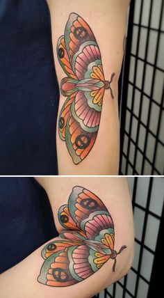 two pictures of different colored tattoos on one arm and the other with an image of a butterfly