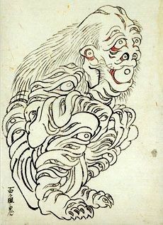 an ink drawing of a monkey holding onto another monkey's tail, with its mouth open