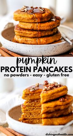 pumpkin protein pancakes stacked on top of each other