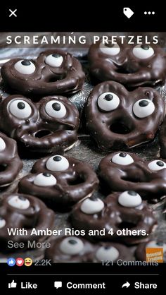 chocolate covered pretzels with googly eyes on them are ready to be eaten