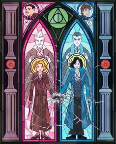 two stained glass windows depicting characters from harry potter and hermione's hogwarts