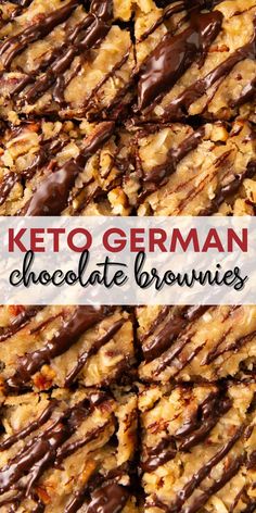 keto german chocolate brownies are stacked on top of each other and drizzled with chocolate