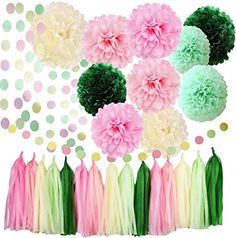 tissue pom poms and streamers in pink, green, yellow and white