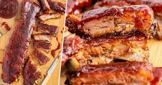 ribs and barbecue sauce on a cutting board next to bbq ribs with ketchup