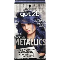 Say goodbye to boring colors! All eyes are on you with Schwarzkopf got2b Metallics permanent color. Boost your hair color with trendy metallic shades. Schwarzkopf got2b Metallic Hair Color offers a multi-dimensional look that delivers unique metallic radiance. Permanent hair color that lasts. Got2b Metallics hair dye works for all hair textures. This permanent hair color can be used on your natural hair, wigs, or extensions to express yourself! The lighter your natural or current hair color, the Got2b Metallics, Metallic Hair Color, Schwarzkopf Got2b, Hair Color Brands, Permanent Hair Dye, Hair Shades, Hair Color Blue, Permed Hairstyles, Permanent Hair Color