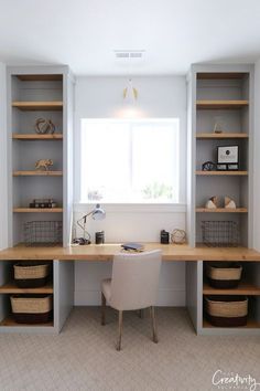 a desk and shelves in a room