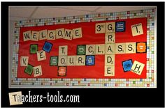 a bulletin board with scrabble letters and words on it that spell out the word welcome