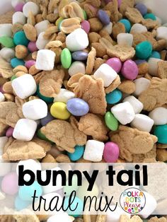 a pile of bunny tail trail mix in a white bowl with the title overlay