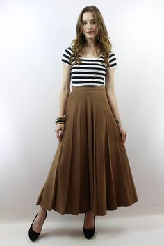 Vintage 90s High Waisted Pleated Mocha Maxi Skirt, fits size S Brown Pleated Midi Skirt Outfit, High Waist Brown Maxi Skirt For Fall, Chic Brown Full Skirt, High-waist Fitted Brown Pleated Skirt, High Waist Brown Pleated Skirt For Fall, Brown Fitted High-waist Pleated Skirt, High Waist Gathered Skirt For Fall, Brown Fitted High Waist Pleated Skirt, Fitted Long Brown Skirt