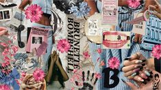 a collage of images with pink flowers and other things on it, including nails