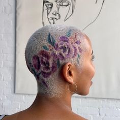 Shaved Flower Hair, Flower Buzzcut, Shaved Hair Color, Bald Hair Dye Designs, Shaved Head Designs Women, Shaved Colored Hair, Dyed Buzzed Hair Women, Dyed Shaved Head, Bleached Buzzcut Women