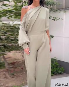 Olivia Mark - Mono de pierna ancha acanalado con escote de hombros al descubierto One Shoulder Solid Jumpsuits And Rompers For Spring, V Neck Wedding Dress, How To Earn Money, Jumpsuit Pattern, Plus Size Jumpsuit, Wide Leg Jumpsuit, Olivia Mark, Fashion Online Shop, Short Outfits