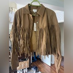 New With Tags From Pink Lily! Tan In Color Fall Leather Outerwear With Fringe, Leather Fringe Outerwear For Fall, Chic Leather Jacket With Fringe For Fall, Spring Fringed Outerwear For Work, Brown Fringe Outerwear For Spring, Leather Fringe Jacket, Fringe Leather Jacket, Fringe Jacket, Pink Lily