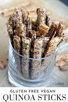 gluten free vegan quinoa sticks in a glass container with text overlay