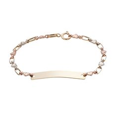 This Kristen Kesho tri-tone ID bracelet shines brilliantly as it lays perfectly on the wrist. FEATURES Length: 6 in. Clasp: spring-ring Nickel free Metal: 10k gold Finish: polished Packaging: gift box Size: 6-7" ADJ. Color: 10k Tone. Gender: female. Age Group: kids. Packaging Gift, Id Bracelets, Gold Heart, Heart Of Gold, 10k Gold, Spring Rings, Gold Finish, Chain Bracelet, Gender Female