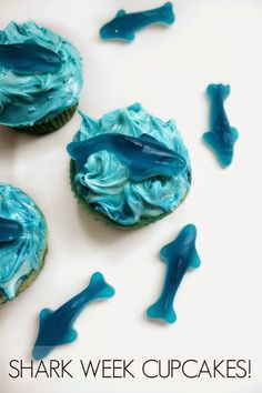 three cupcakes with blue frosting are on a white surface next to bones