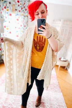 The Zoya Zig Zag Embroidered Kimono is the perfect layering piece for any outfit. Whether you later it over a graphic tee or a pretty little cami tank it’s sure to heighten the style factor of any outfit you pair it with. 100% Acrylic One size fits sizes S - 3XL Measures 45” x 31” Traci (that’s me with the crazy color hair!) is 5’3 and a size 18-20 Bohemian Beige Tops For Layering, Beige Bohemian Tops For Layering, Cream Cotton Tops For Festival, Bohemian Cream Cotton Top, Bohemian Beige Loungewear Tops, Spring Cream One Size Tops, Crazy Color, Dress Layer, Embroidered Kimono