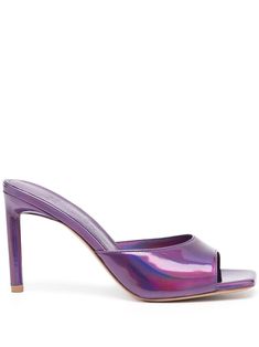 plum purple calf leather iridescent effect slip-on style branded insole high heel open toe square toe Purple Open Toe Heels With Sculpted Heel, Modern Purple Open Toe Heels, Modern Purple Heels For Evening, Iridescent Heels For Formal Summer Events, Modern Purple High Heels, Summer Formal Iridescent Heels, Elegant Iridescent Heels For Evening, Purple Heels With Sculpted Open Heel, Purple Square Toe Heels For Party