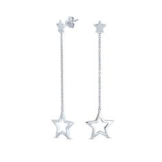 Gleaming with celestial style, these star drop earrings are a charming addition to your jewelry box. Created in sterling silver, each linear drop showcases a star-shaped outline dangle suspended from a length of chain. A polished star glistens above to complete the design. Buffed to a brilliant luster, these post earrings secure comfortably with friction backs. Affordable Earrings, Silver Necklace Statement, Star Chain, Dangle Hoop Earrings, Silver Jewellery Sets, Celestial Jewelry, Long Dangle Earrings, Star Bracelet, Sterling Silver Dangle Earrings