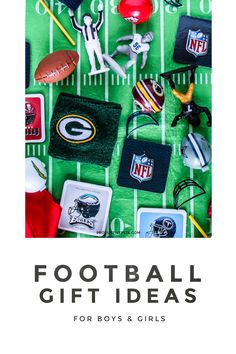 the cover of football gift ideas for boys and girls, featuring sports related items on a green field