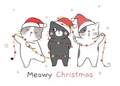 three cats wearing christmas hats and garlands are standing in front of the words meowy christmas