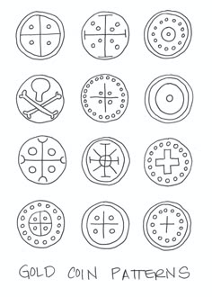 different types of buttons with the words gold on them, and symbols drawn in black ink