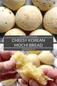 a hand holding a piece of cheesey korean mochi bread