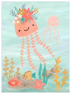 Sea Life Friends - Pretty Squid Wall Art-Wall Art-Jack and Jill Boutique Olivia Gibbs, Underwater Party, Whale Canvas, Monogram Wall Decor, Zebra Canvas, Life Friends, Oopsy Daisy, Map Canvas Art, World Map Canvas