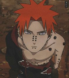 an anime character with red hair and piercings on his face, looking at the camera