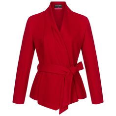 This wrap jacket is the autumn essential you can wear inside and outdoors. The jacket keeps you warm on chilly fall mornings, afternoons and nights. The natty topper features a pleated-back collar and belt loops for a self-tie belt. Material: 80% Polyester, 20% Wool Care: Professional cleaning Suit With Belt, Plain Blazer, Lady Suit, Wrap Blazer, Wrap Jacket, Suit Women, Lightweight Tops, Casual Blazer, Work Office