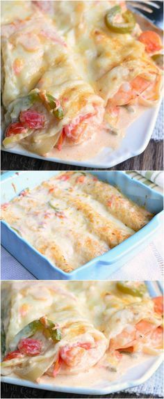 three different views of an enchilada in a casserole dish with cheese and vegetables