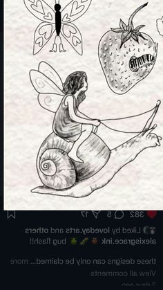 a drawing of a fairy riding a snail with a strawberry on it's back