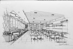 an architectural drawing of a restaurant with tables and chairs in the center, on a white background