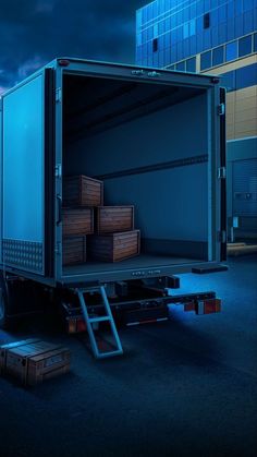 a large truck is loaded with wooden boxes in the dark sky at night and it appears to be full of cargo