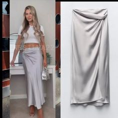 Nwt Zara Knotted Satin Effect Midi Skirt Silver Zara Midi Skirt For Party, Zara Satin Skirt, Long Grey Satin Dress Zara, Zara Beige Midi Skirt, Silver Satin Midi Skirt, Silver Silk, Zara Skirts, Full Skirts, Silk Skirt