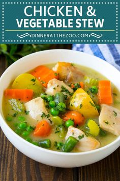 chicken and vegetable stew in a white bowl on a wooden table with text overlay