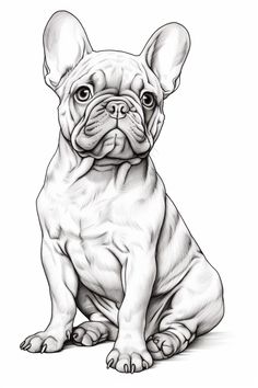 a black and white drawing of a french bulldog sitting in front of a white background