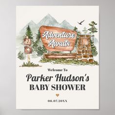 the welcome sign for parker hudson's baby shower is shown in this watercolor painting