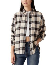 From Levi's®&#x2C; this shirt features:Plaid patternPoint collarLong sleevesButton-front closureSingle patch pocketRelaxed fitCotton flannelMachine wash/tumble dryImported. Plaid Print Shirt, Long Run, Shirt Blouses Tops, Levis Women, Plaid Flannel Shirt, Dillard's, Plaid Flannel, Flannel Shirt, Effortless Style