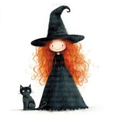 a watercolor painting of a witch and her cat