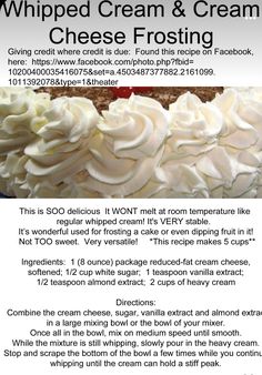 the recipe for whipped cream and cream cheese frosting is shown in an advert