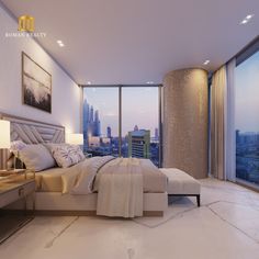 a bedroom with a large window and a view of the city from it's floor to ceiling windows