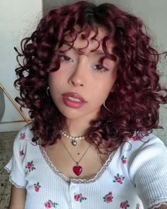 Cherry Red On Curly Hair, Shoulder Length Curly Red Hair, Red Curly Hair With Bangs, Cherry Curly Hair, Red Hair Color Curly, Wine Red Curly Hair, Red Short Curly Hair, Cherry Red Curly Hair, Short Red Curly Hair