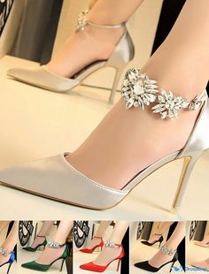 OrcaJump - Womens Elegant Luxurious Heels with Crystal Pointed Toe and Ankle Strap - Perfect for Party, Wedding, Spring Quince Shoes, Glitter Stilettos, Cheap Womens Shoes, Spring Heels, Satin Noir, Heels Online, Wedding Spring, Crystal Shoes, Pumps Heels Stilettos