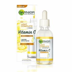 Product description Introducing the NEW GARNIER LIGHT COMPLETE VITAMIN C BOOSTER SERUM, Garnier Skin Natural’s MOST CONCENTRATED brightening and spot reduction formula in a face serum. Enriched with the power of 30X VITAMIN C* and Lemons, the lightweight and non-oily formula instantly penetrates into the skin. It give you an INSTANT GLOW and REDUCE SPOTS IN 3 DAYS (basis clinical test). Experience fast and visible results with Garnier Light Complete Vitamin C Booster Serum. Dermatologically tested and suitable for all skin types (*vs day cream). HOW TO USE - Cleanse your face with a mild Garnier Light Complete facewash and pat dry. Take a pea sized amount of the Vitamin C Booster Serum in your palms. Spread it between your palms without rubbing too much. Dab the serum all over your face an Serum Cream, Acne Marks, Vitamin C Serum, Daily Skin Care, Salicylic Acid, Face Serum, Dark Spots, Skincare Routine, Natural Skin